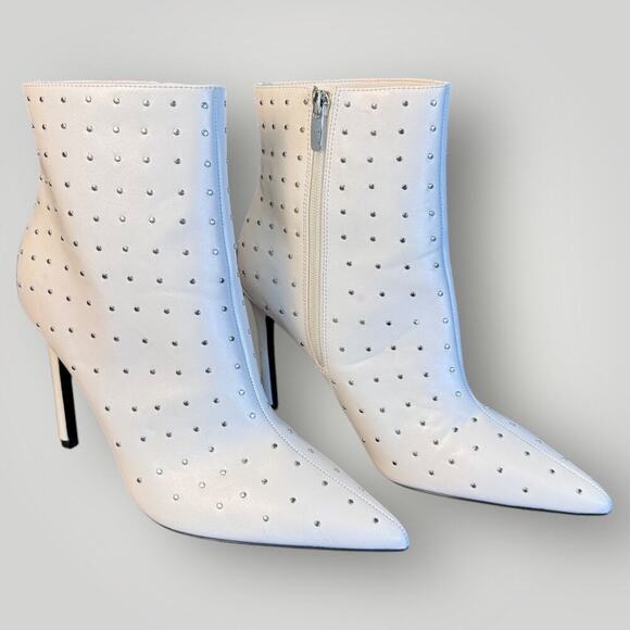 New Nine West Farrah Pointy Toe Stiletto Zip-Up Booties White w/ Studs, Wm's 9.5 - Picture 2 of 11